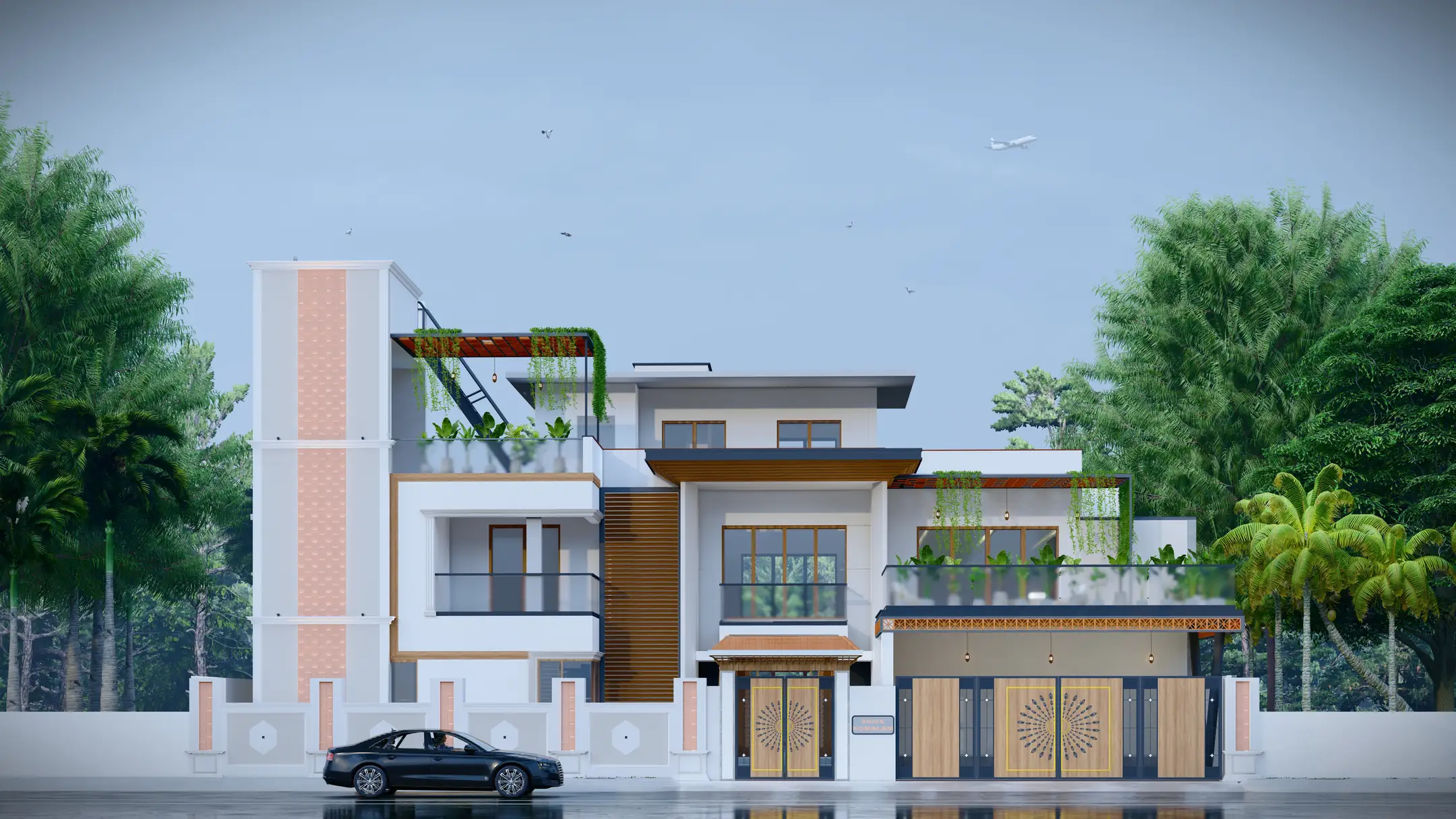 Front daylight architectural render with entryway and balcony glazing