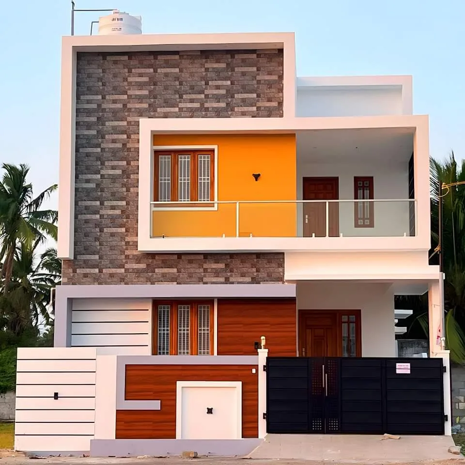Front perspective highlighting stone cladding and glass balcony railing
