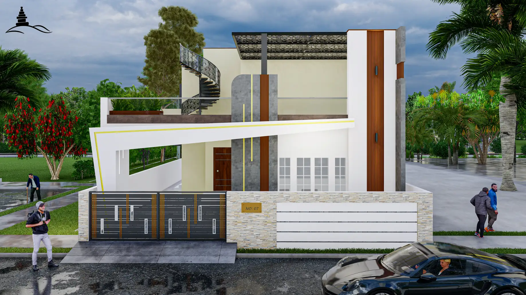 Front elevation view highlighting cantilevered balcony and vertical pergolas