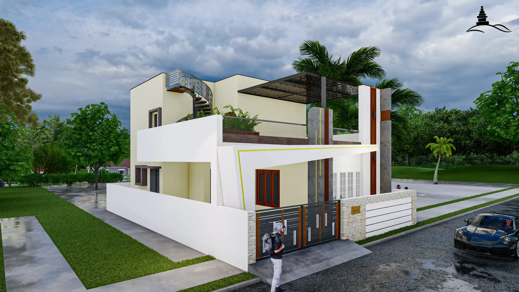 Perspective angle showing compound wall, sliding gate, and driveway